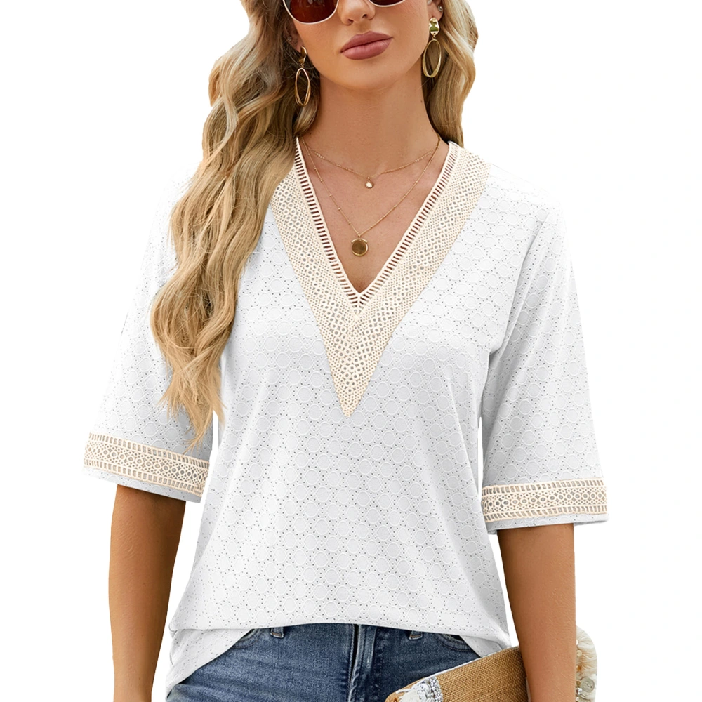 Women Short Sleeve V Neck Elegant Lace Casual Loose Half Sleeve Top for Party Shopping Office White S