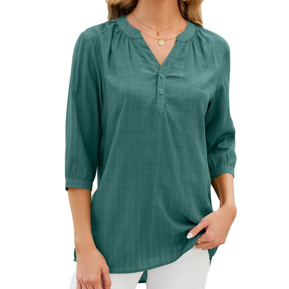 Woman 3/4 Sleeve V Neck T Shirt Solid Color Casual Loose Fit Basic Tunic Blouse for Daily Wear Vacation Shopping Dark Green M