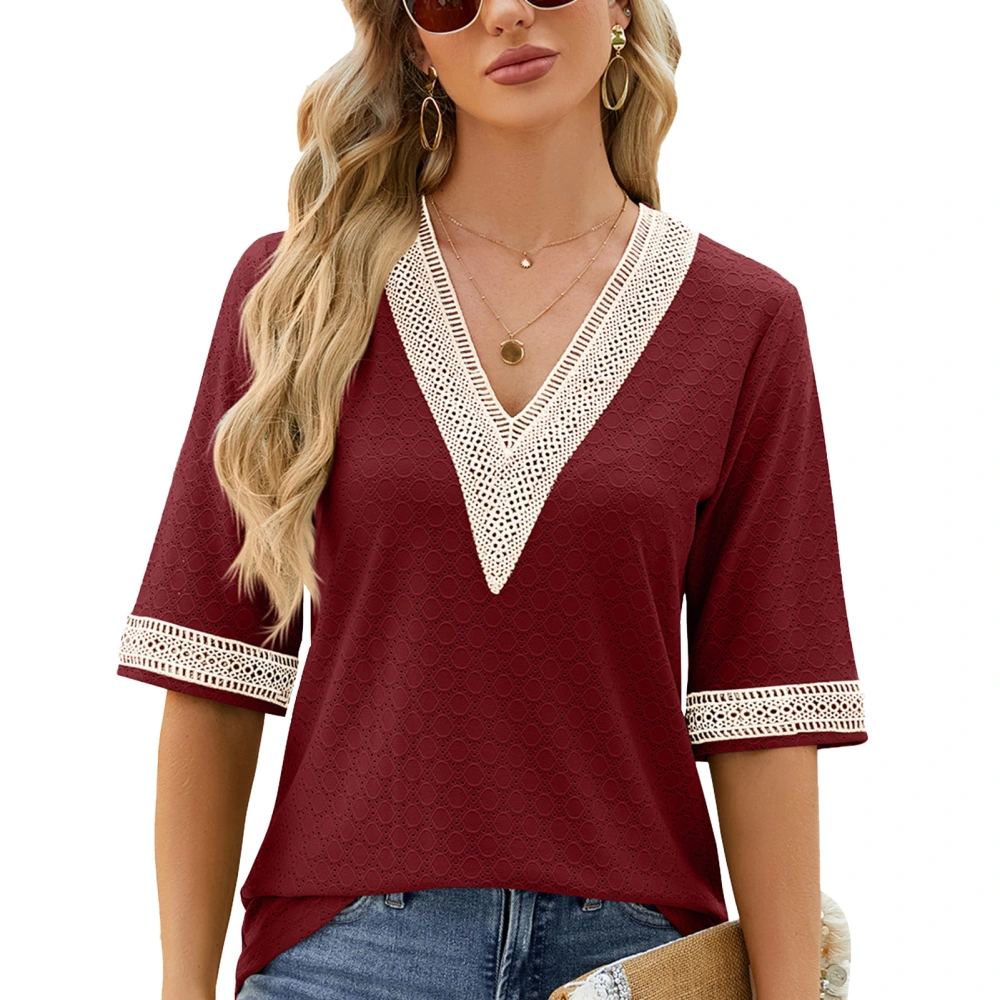 Women Short Sleeve V Neck Elegant Lace Casual Loose Half Sleeve Top for Party Shopping Office Wine Red L