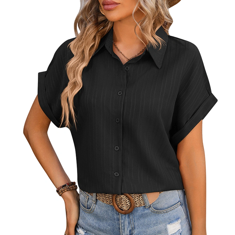 Women Short Batwing Sleeves Shirt Turn Down Collar Stripes Jacquard Button Up Casual Loose Fit Blouses Black L