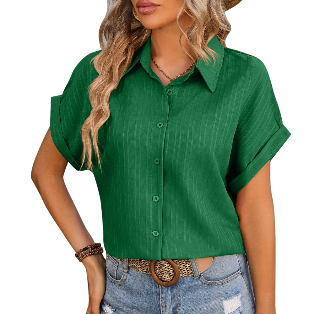 Women Short Batwing Sleeves Shirt Turn Down Collar Stripes Jacquard Button Up Casual Loose Fit Blouses Green XXL