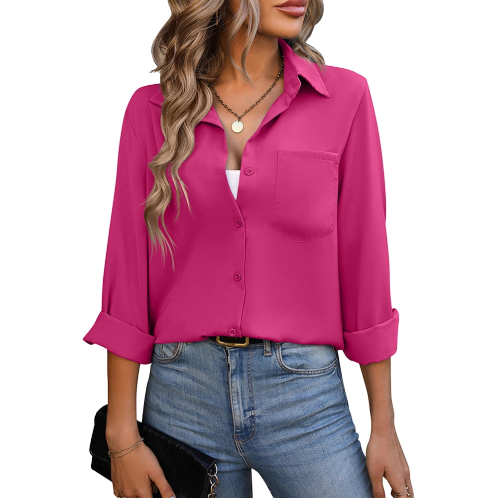 Women Button Up Shirt Turn Down Collar V Neck Solid Color Long Sleeve Button Shirt Top with Pocket Rose Red S