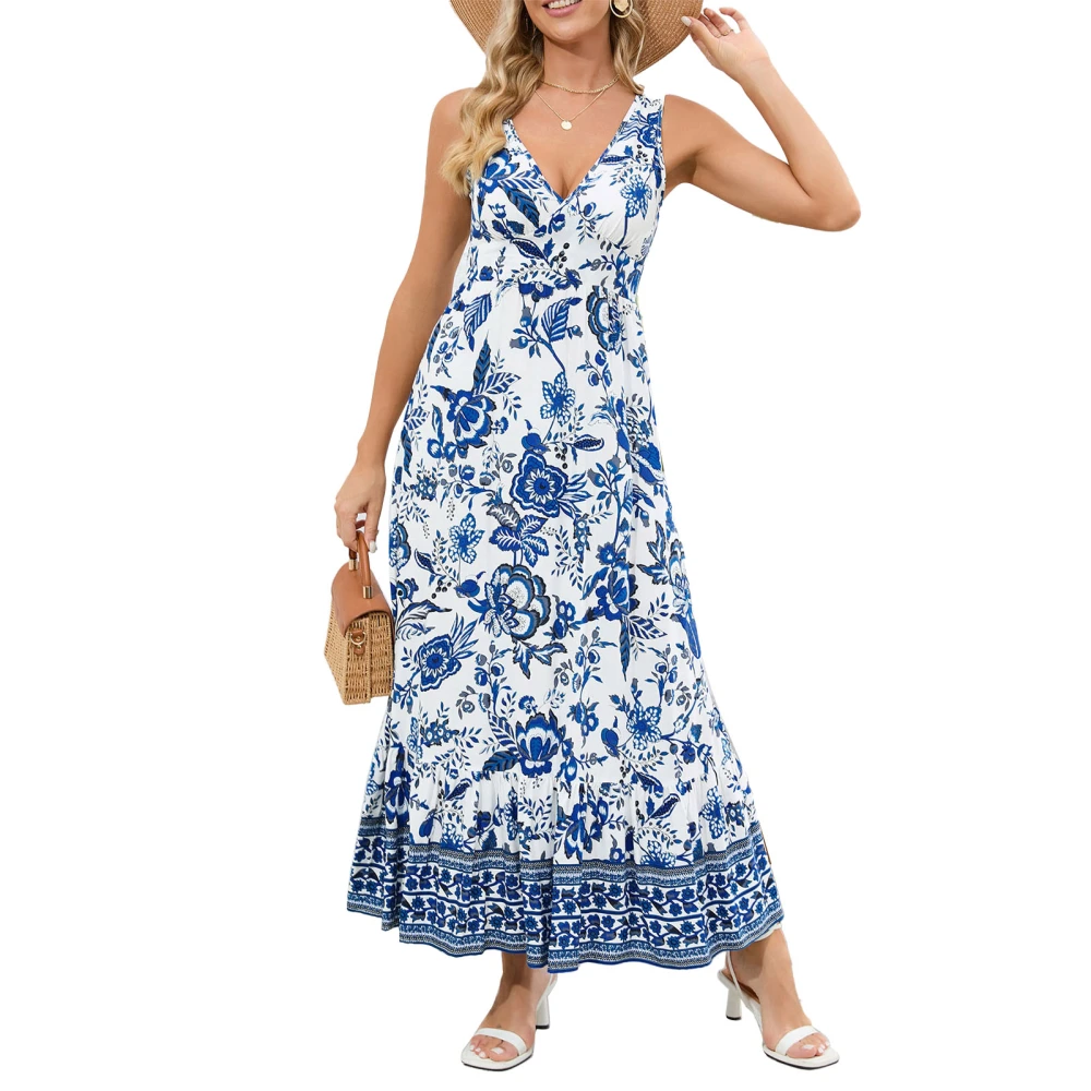 Women Dress V Neck A Line Stylish Swing Comfortable Stylish Dress for Beach Holiday Party Blue M