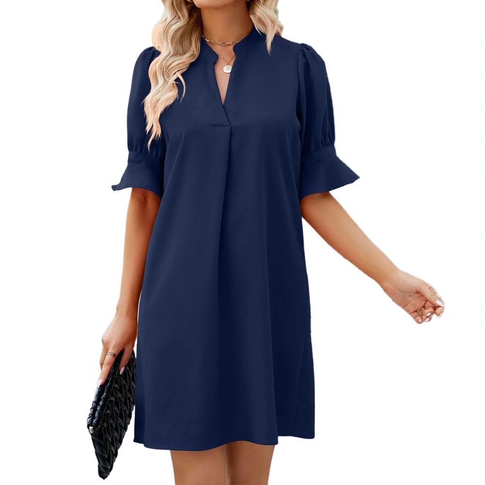 Women V Neck Short Dress Pure Color Half Puff Sleeves Loose Fitting Summer Dress for Daily Wear Dark Blue XXL