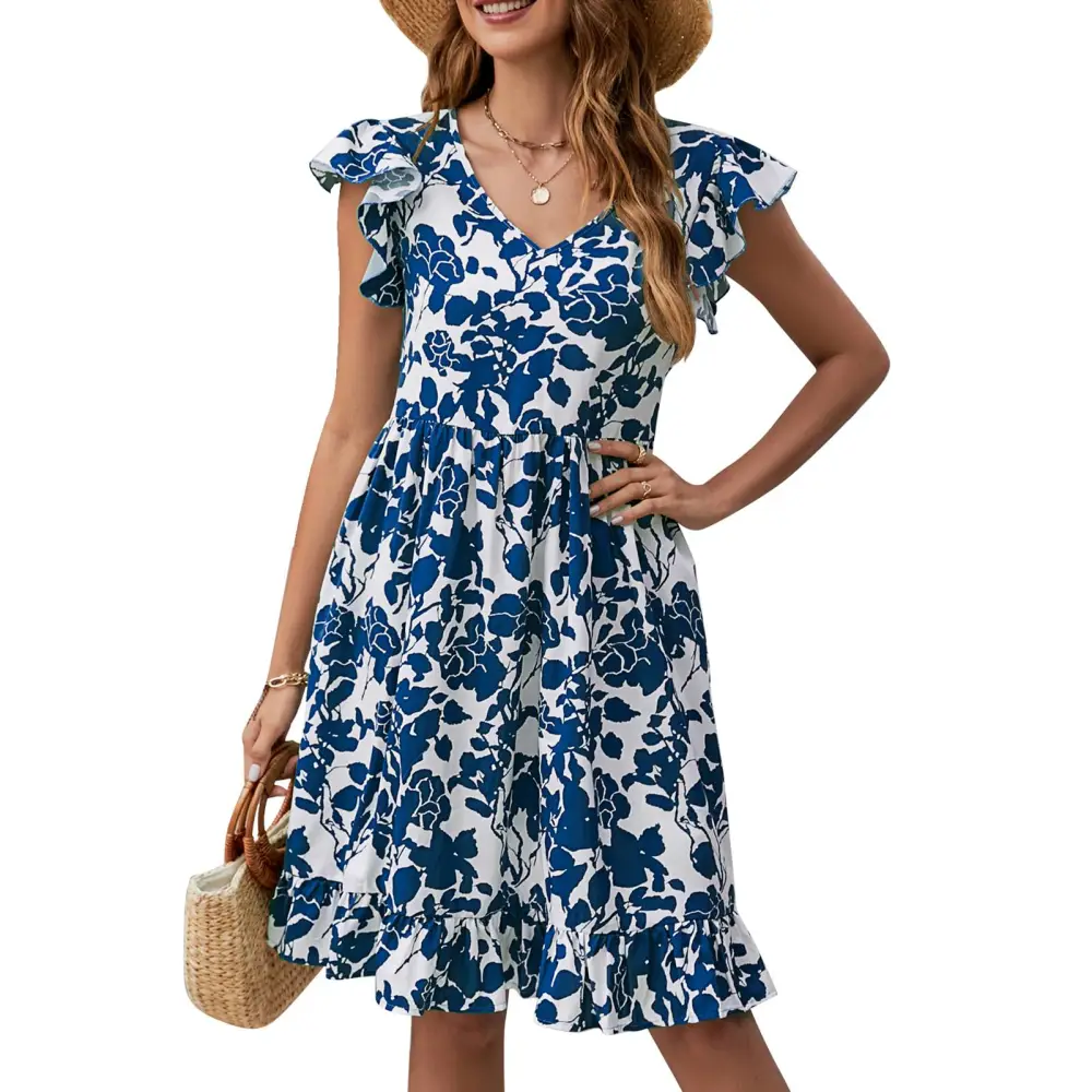 Leaf Printed Ruffle Cap Sleeve Dress Casual Fitted Elegant V Neck Leaf Printed Dress for Women Navy Blue XXL