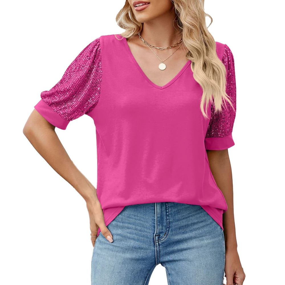 Women V Neck Sequin Short Sleeve T Shirt Casual Loose Fit Glitter Solid Color Summer T Shirt Rose Red XL