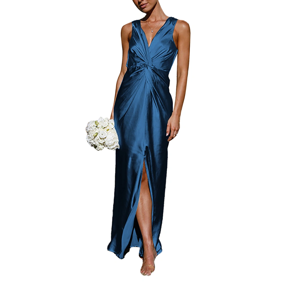 Women Fashion Dress Deep V Neck Twist Dress Sleeveless Evening Dress for Wedding Holiday Party Blue S