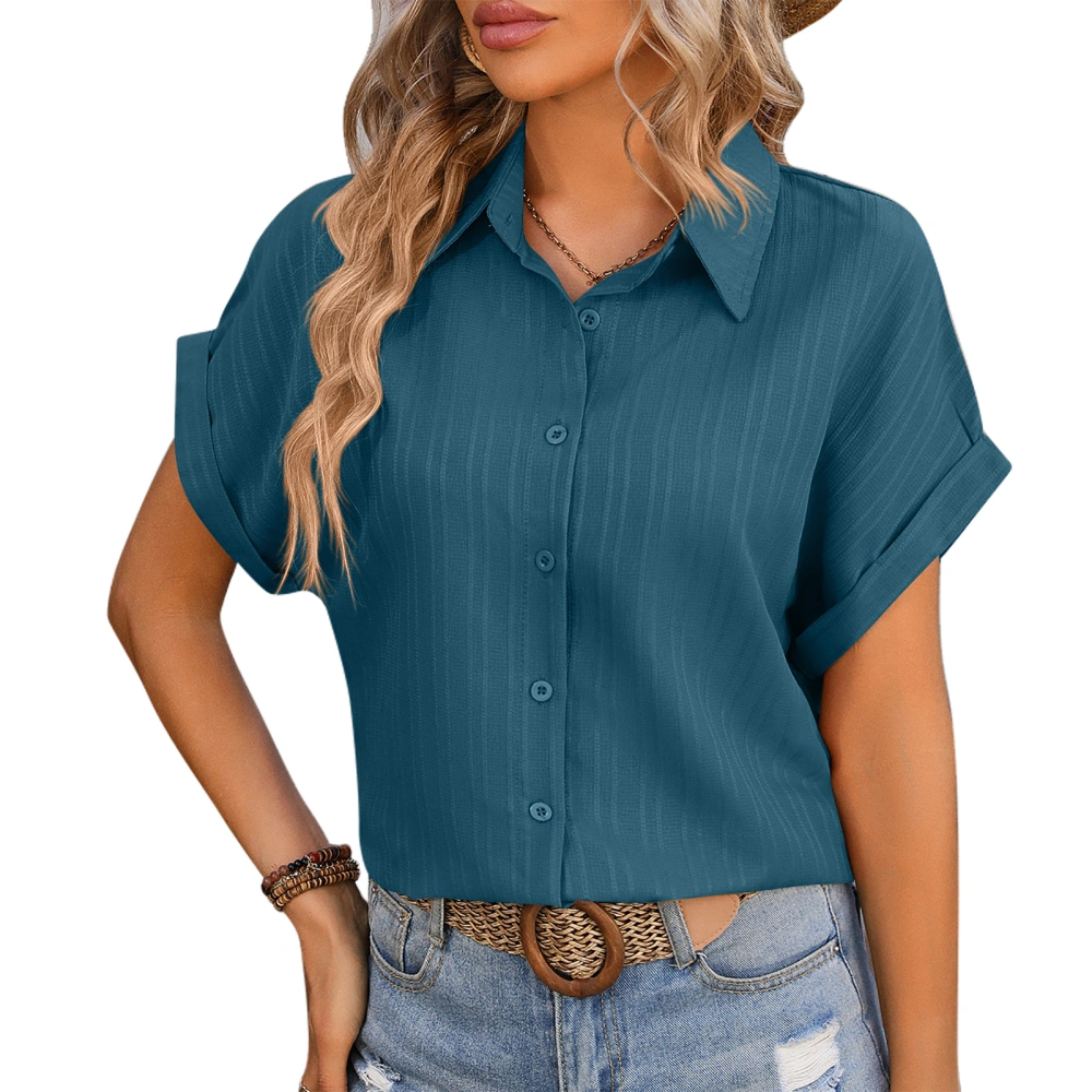 Women Short Batwing Sleeves Shirt Turn Down Collar Stripes Jacquard Button Up Casual Loose Fit Blouses Peacock Blue XL