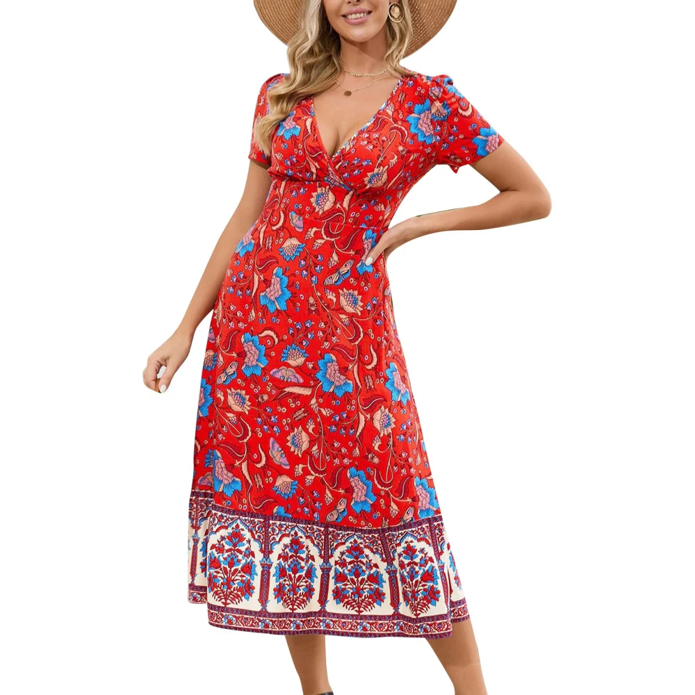 Women Floral Dress Deep V Neck Short Sleeve High Waist A Line Flowy Dress for Summer Red M