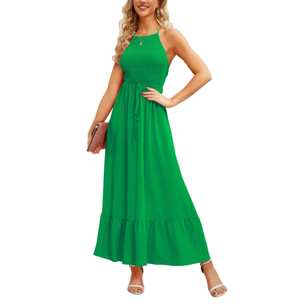 Shirred Sleeveless Long Dress Belt Backless Ruffle Spaghetti Strap Shirred Long Dress for Women Green M