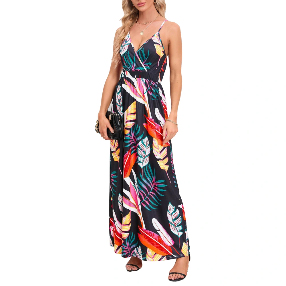 Women V Neck Floral Printed Dress Backless Stylish Spaghetti Straps Maxi Dress for Daily Wear Black Flower XL