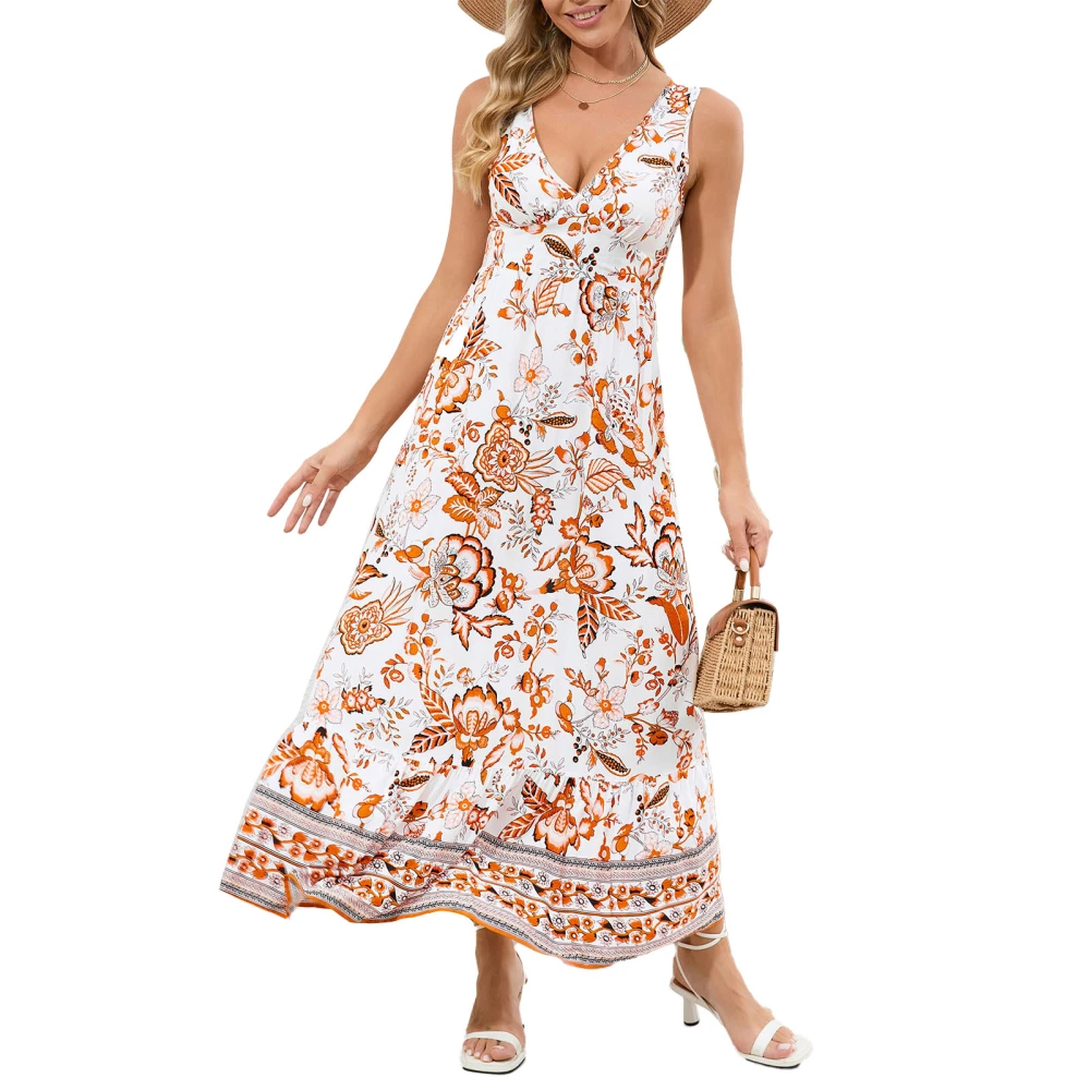 Women Dress V Neck A Line Stylish Swing Comfortable Stylish Dress for Beach Holiday Party Orange XL