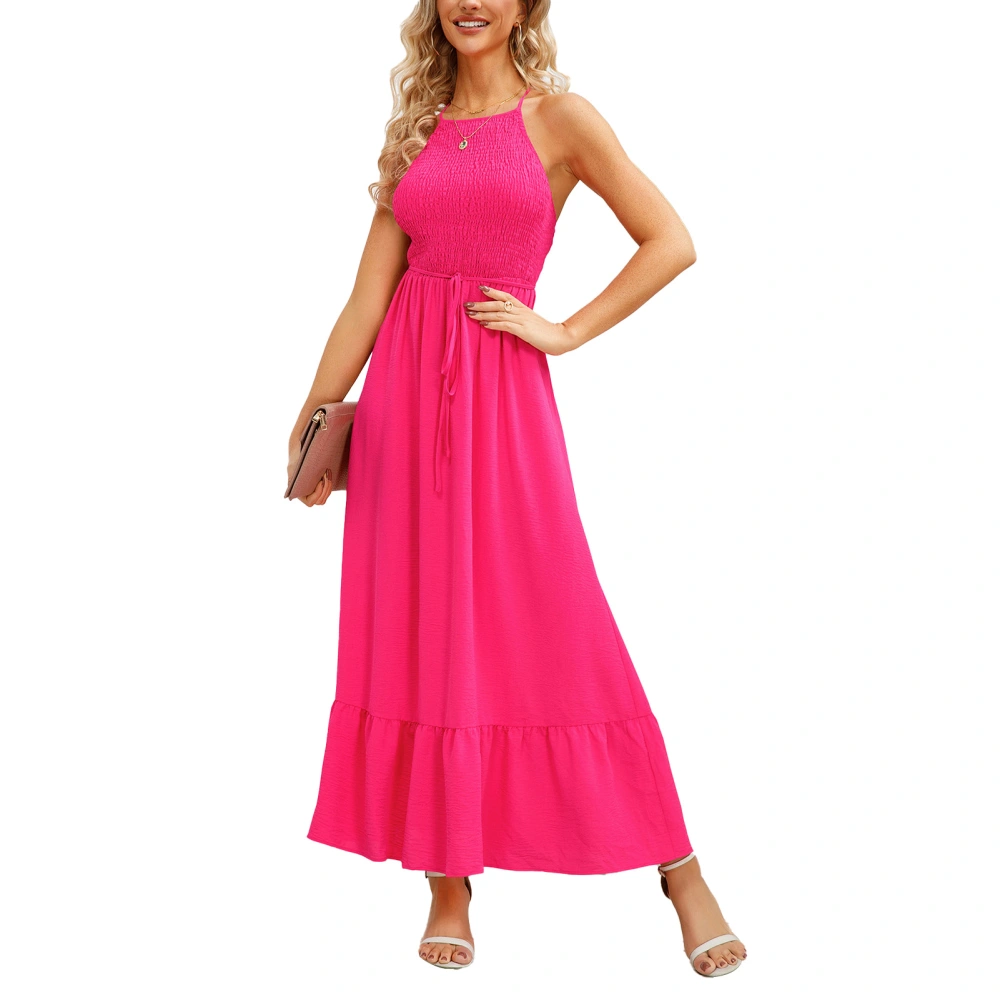 Shirred Sleeveless Long Dress Belt Backless Ruffle Spaghetti Strap Shirred Long Dress for Women Coral S