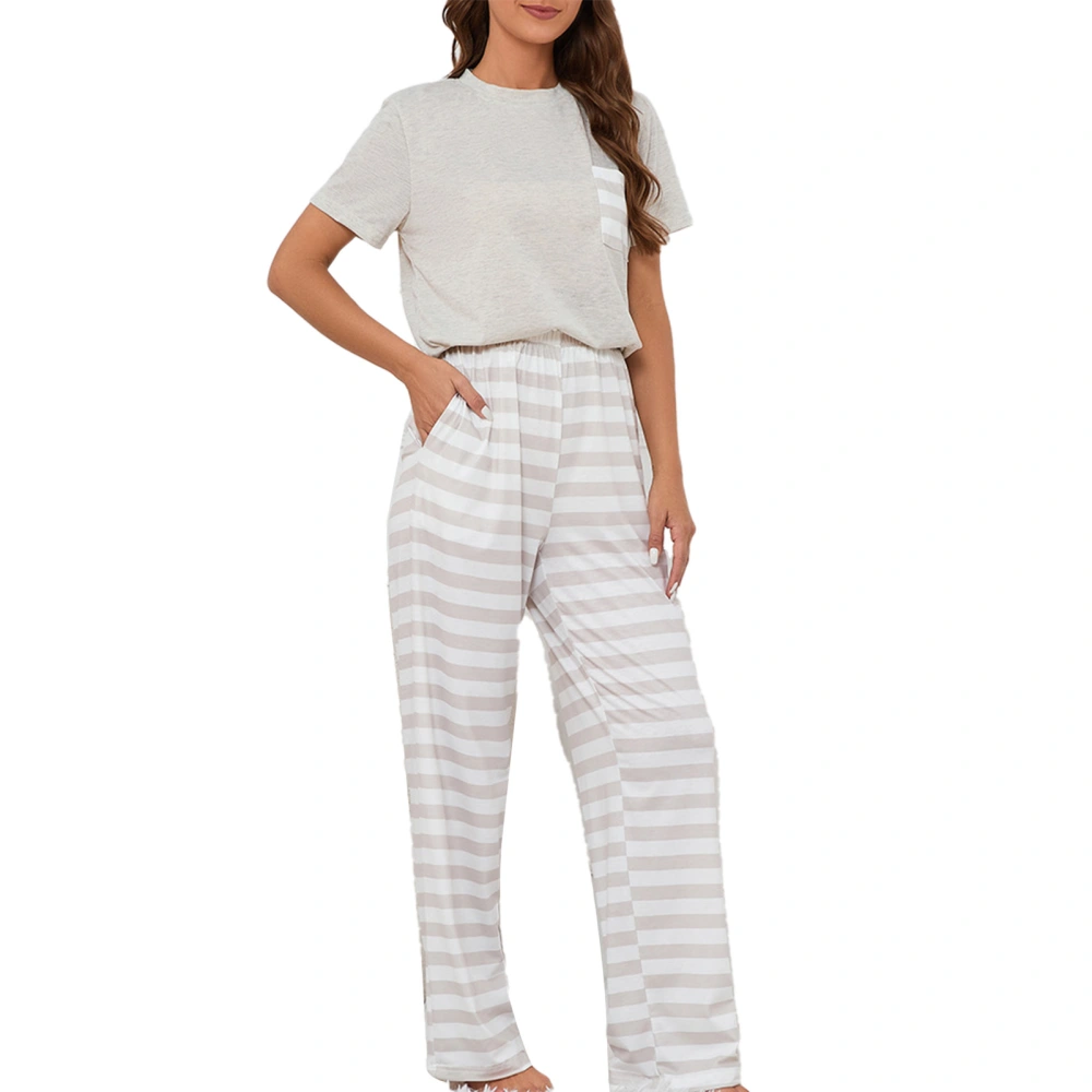 Women Short Sleeve Pajama Set Striped Pants Crew Neck Elastic Waist Loose Fit 2 Piece Loungewear Set Grey M