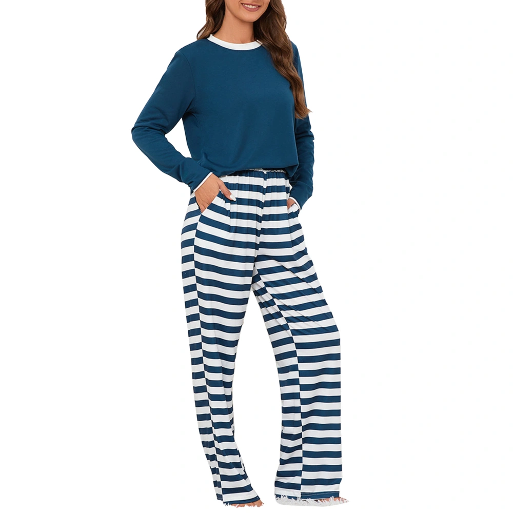 Women Long Sleeve Pajama Set Crew Neck Drawstring Waist Striped Pants Loose Fit Loungewear Set Dark Blue L