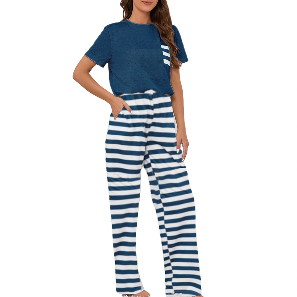 Women Short Sleeve Pajama Set Striped Pants Crew Neck Elastic Waist Loose Fit 2 Piece Loungewear Set Dark Blue L