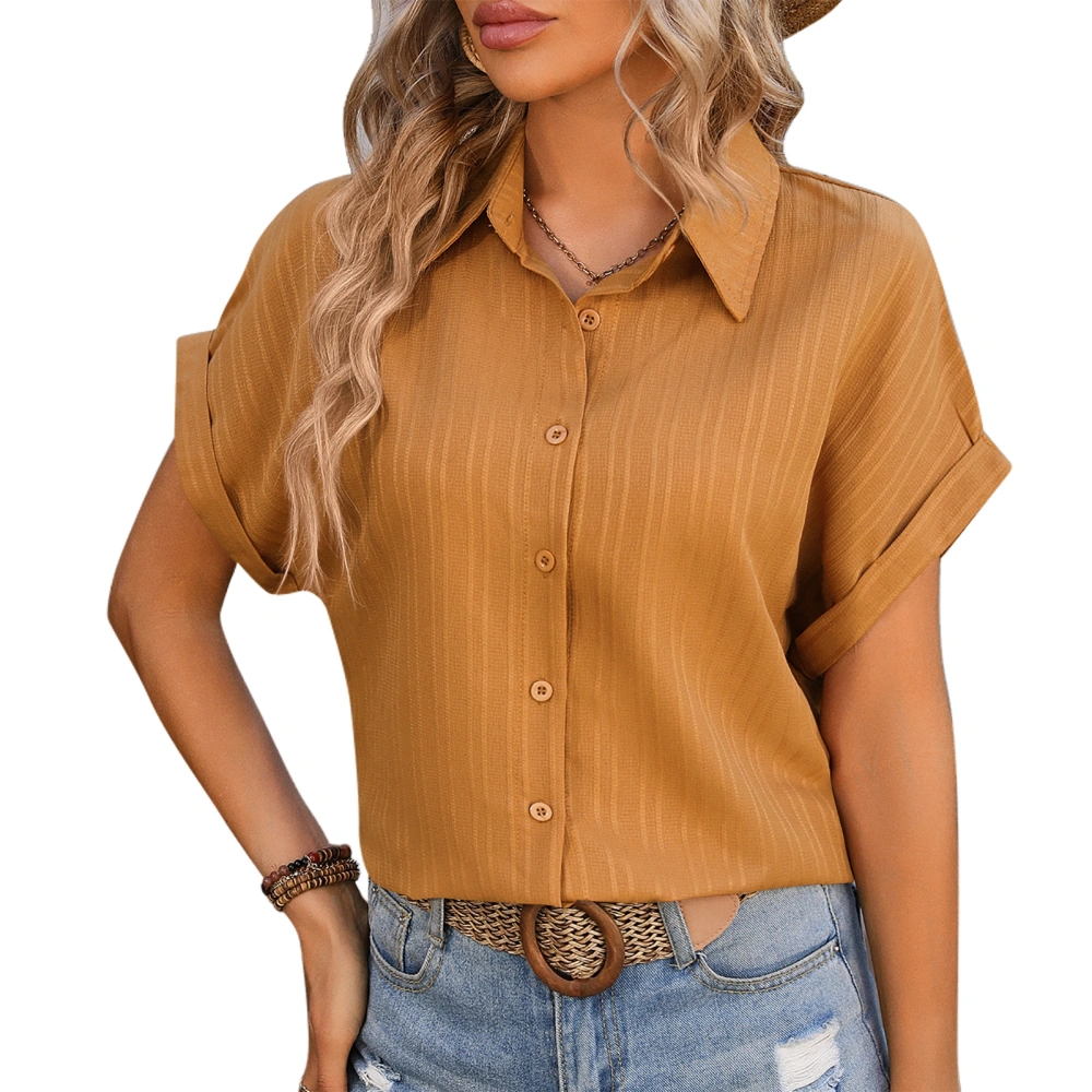 Women Short Batwing Sleeves Shirt Turn Down Collar Stripes Jacquard Button Up Casual Loose Fit Blouses Earthy Yellow S