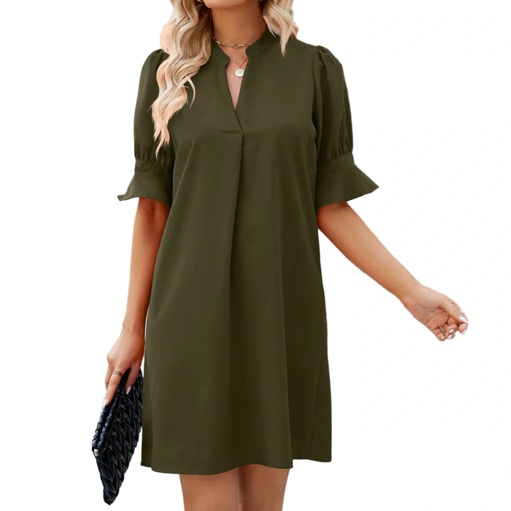 Women V Neck Short Dress Pure Color Half Puff Sleeves Loose Fitting Summer Dress for Daily Wear Green XL