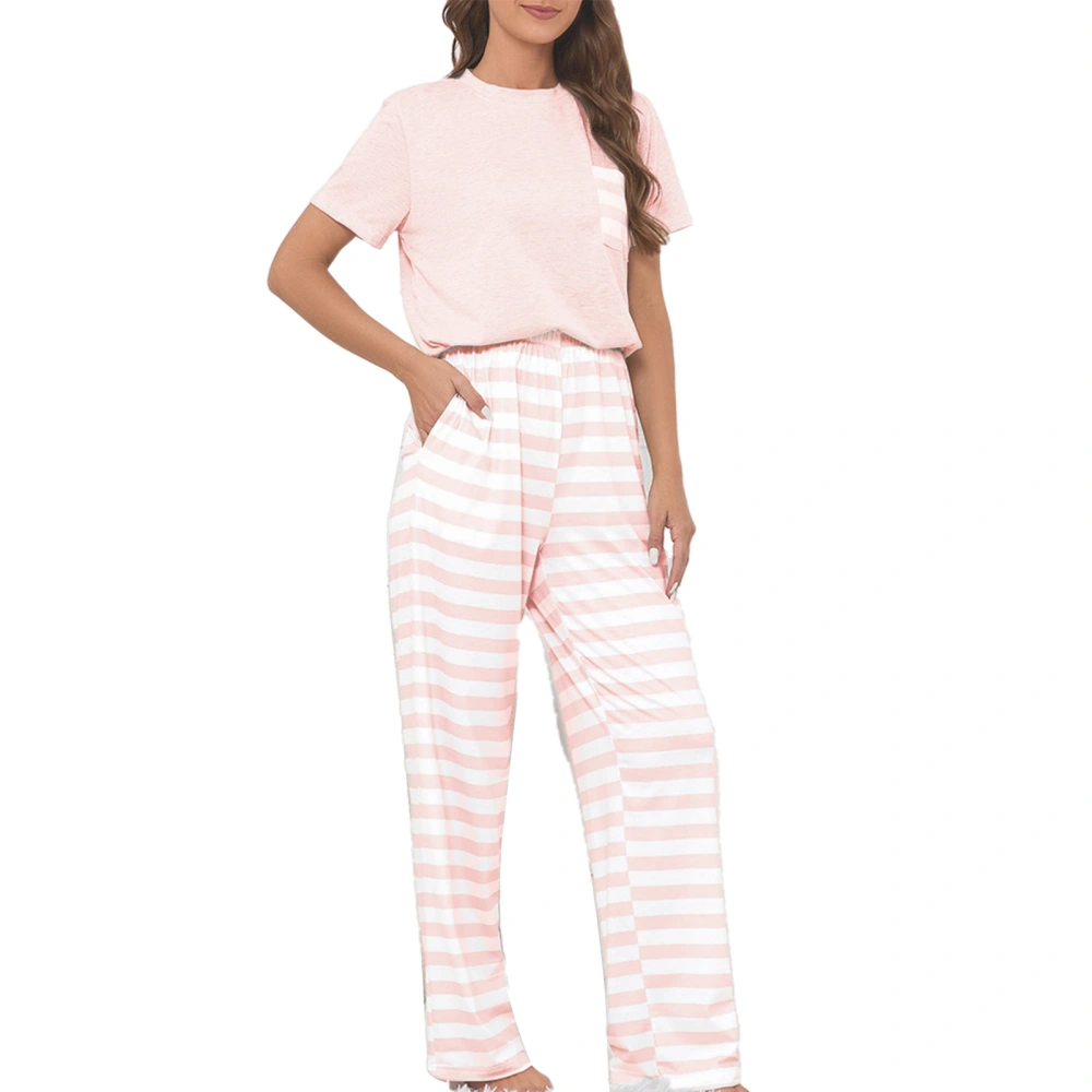 Women Short Sleeve Pajama Set Striped Pants Crew Neck Elastic Waist Loose Fit 2 Piece Loungewear Set Pink M