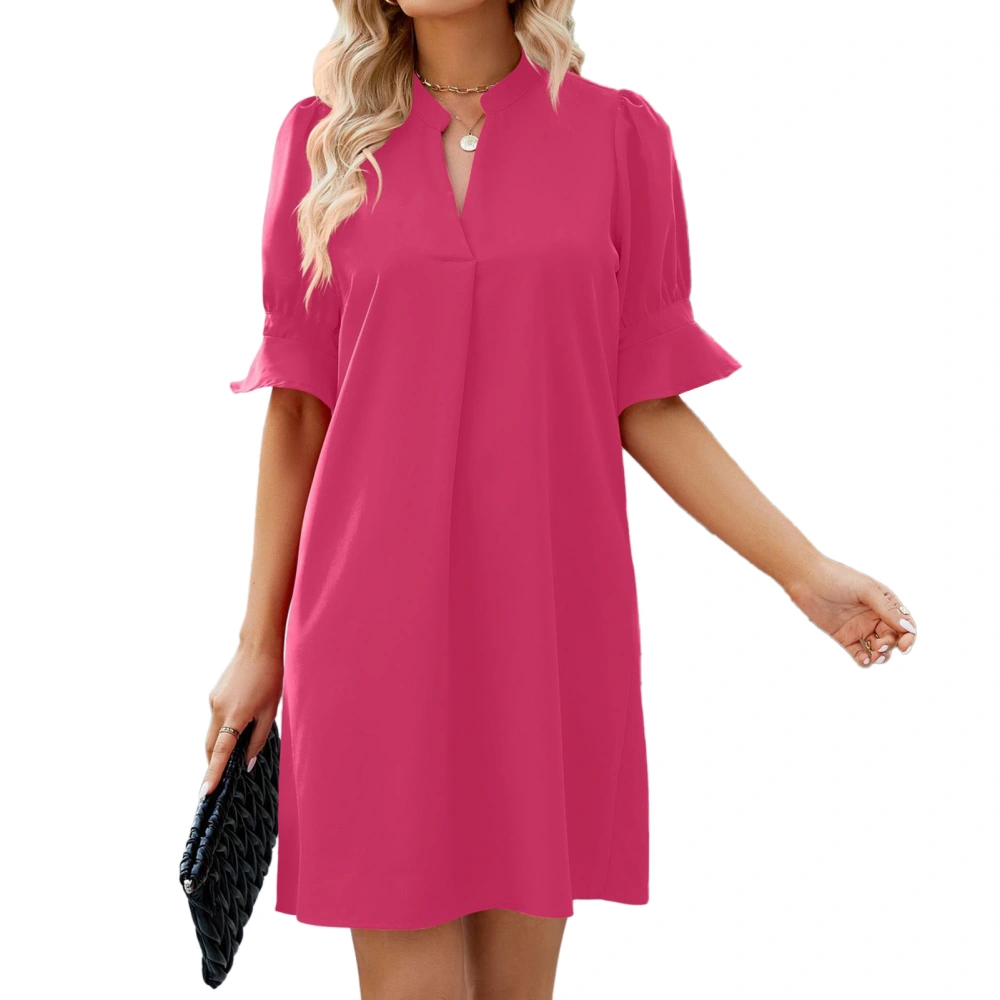 Women V Neck Short Dress Pure Color Half Puff Sleeves Loose Fitting Summer Dress for Daily Wear Rose Red L