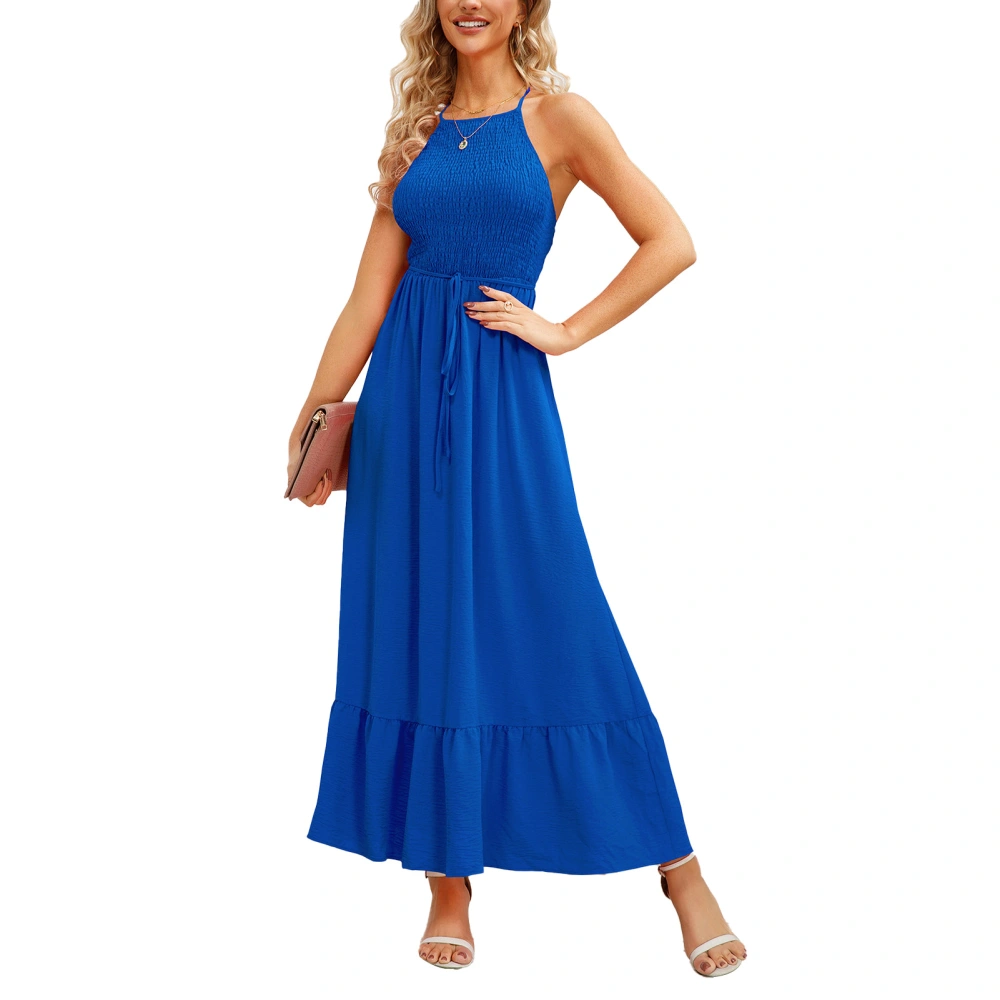 Shirred Sleeveless Long Dress Belt Backless Ruffle Spaghetti Strap Shirred Long Dress for Women Blue XXL