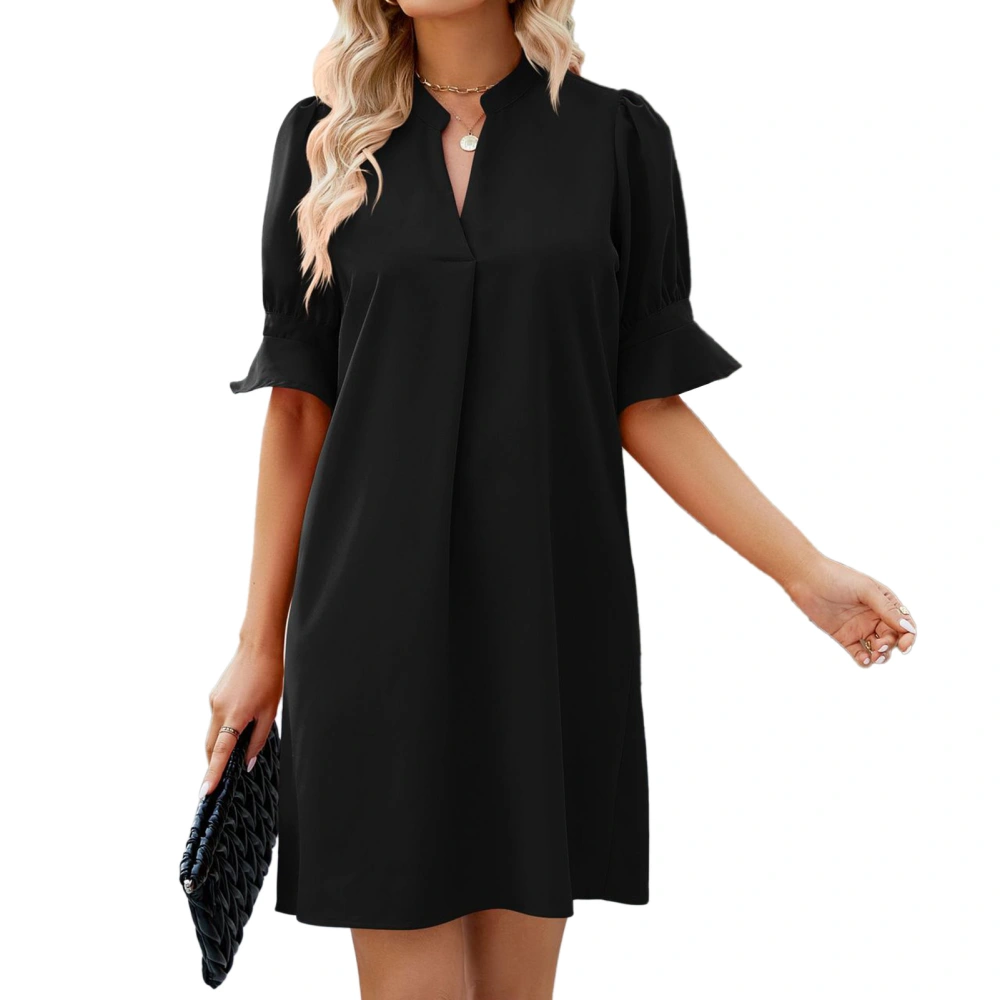 Women V Neck Short Dress Pure Color Half Puff Sleeves Loose Fitting Summer Dress for Daily Wear Black XXL