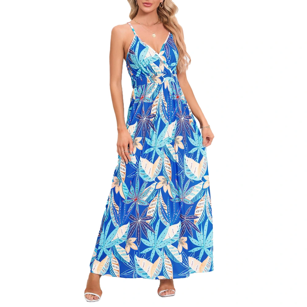 Women V Neck Floral Printed Dress Backless Stylish Spaghetti Straps Maxi Dress for Daily Wear Lake Blue XXL