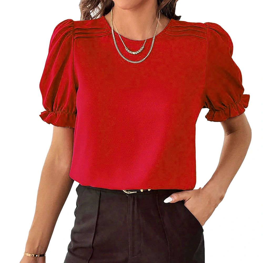 Women Short Sleeve Shirt Solid Color Round Neck Puff Sleeves Fashionable T Shirt Top for Daily Office Travel Red M