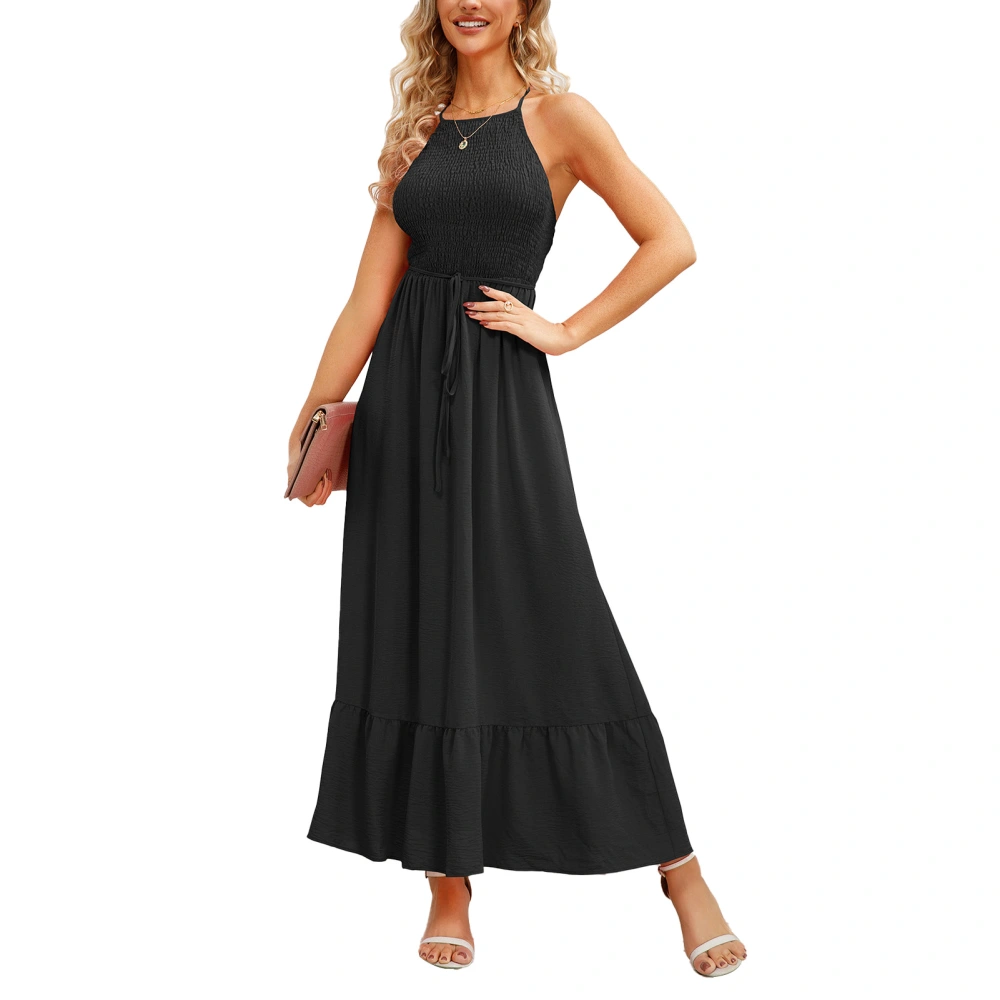 Shirred Sleeveless Long Dress Belt Backless Ruffle Spaghetti Strap Shirred Long Dress for Women Black L