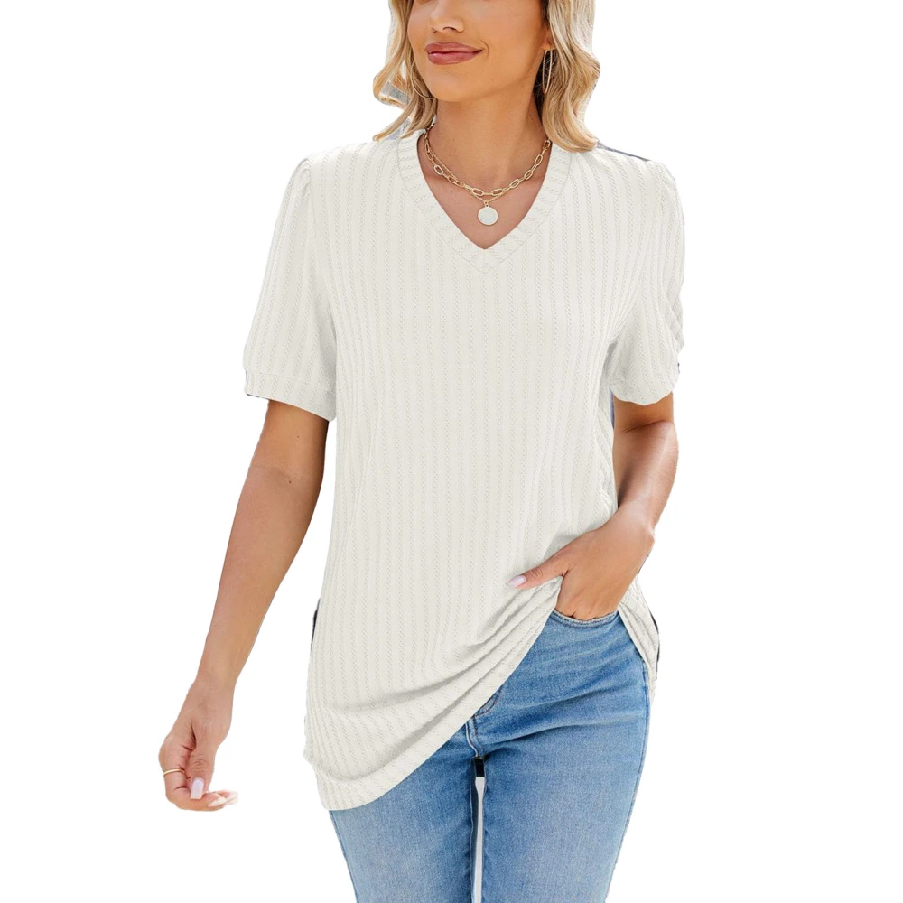 Women Short Sleeve Shirt Solid Color Stripe Print V Neck Fashionable T Shirt Top for Daily Office Travel White S