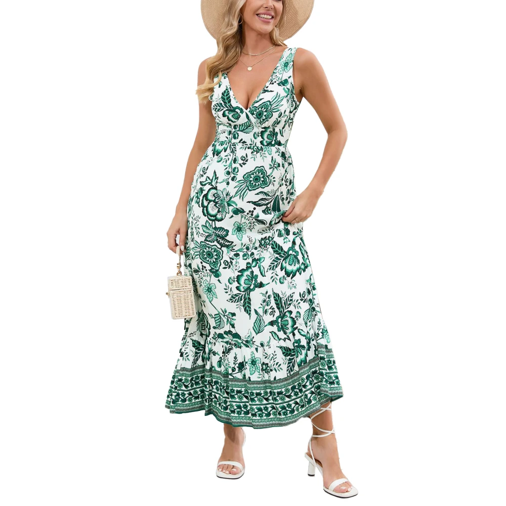 Women Dress V Neck A Line Stylish Swing Comfortable Stylish Dress for Beach Holiday Party Green M