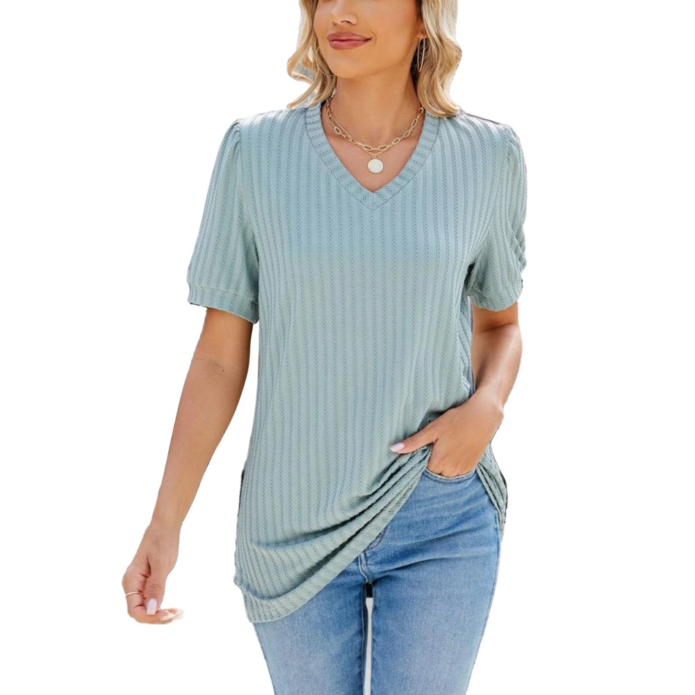 Women Short Sleeve Shirt Solid Color Stripe Print V Neck Fashionable T Shirt Top for Daily Office Travel Green M