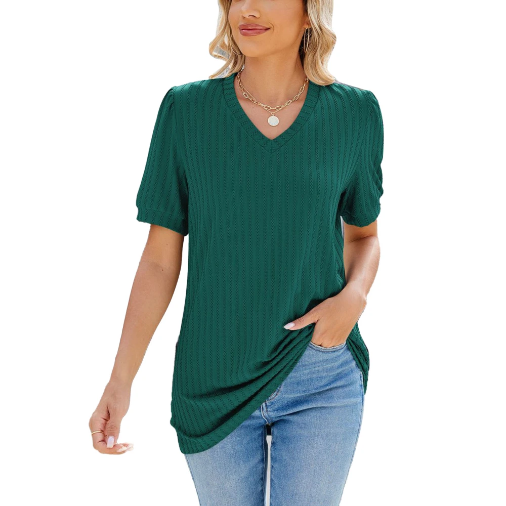 Women Short Sleeve Shirt Solid Color Stripe Print V Neck Fashionable T Shirt Top for Daily Office Travel Peacock Green L