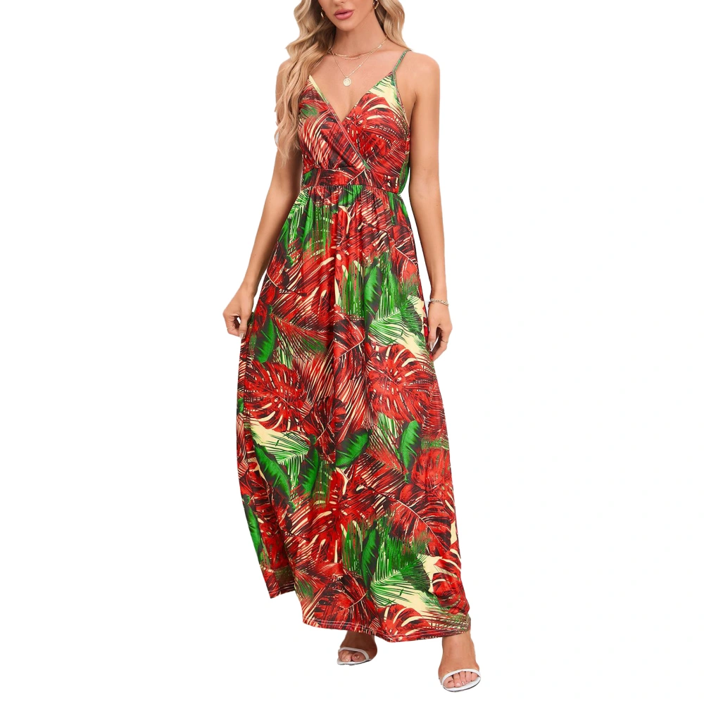 Women V Neck Floral Printed Dress Backless Stylish Spaghetti Straps Maxi Dress for Daily Wear Red Green M