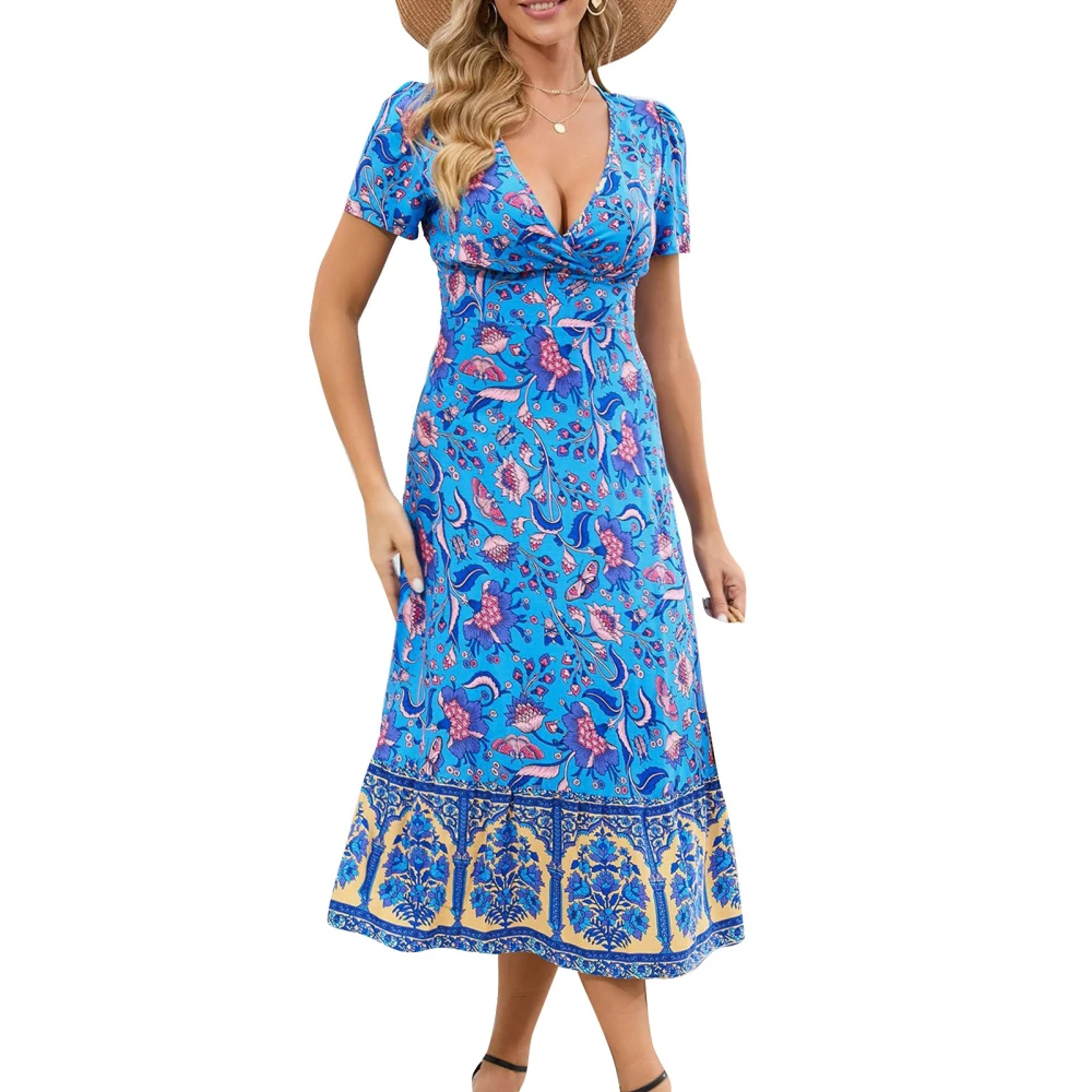 Women Floral Dress Deep V Neck Short Sleeve High Waist A Line Flowy Dress for Summer Blue XXL