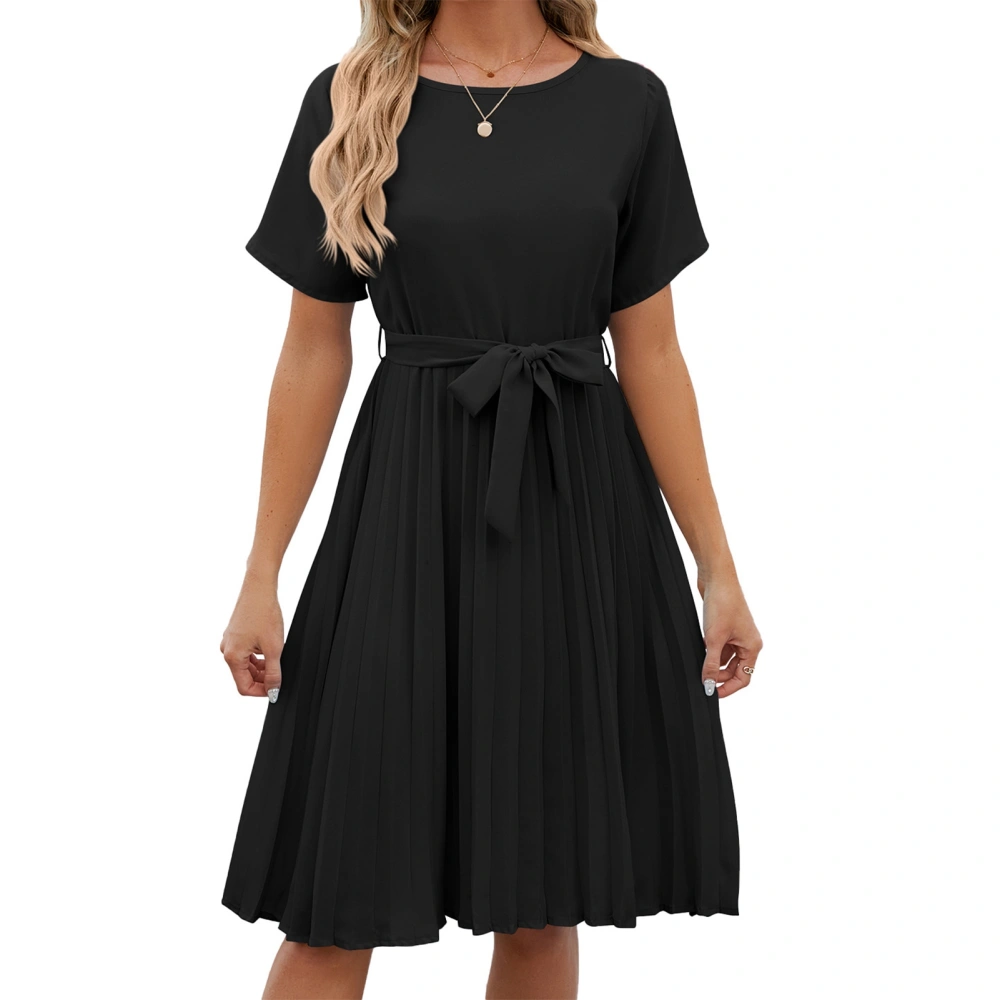 Short Sleeve Pleated Dress Plain Color Casual Fitted Round Neck Tie Waist Pleated Short Dress for Women Black L