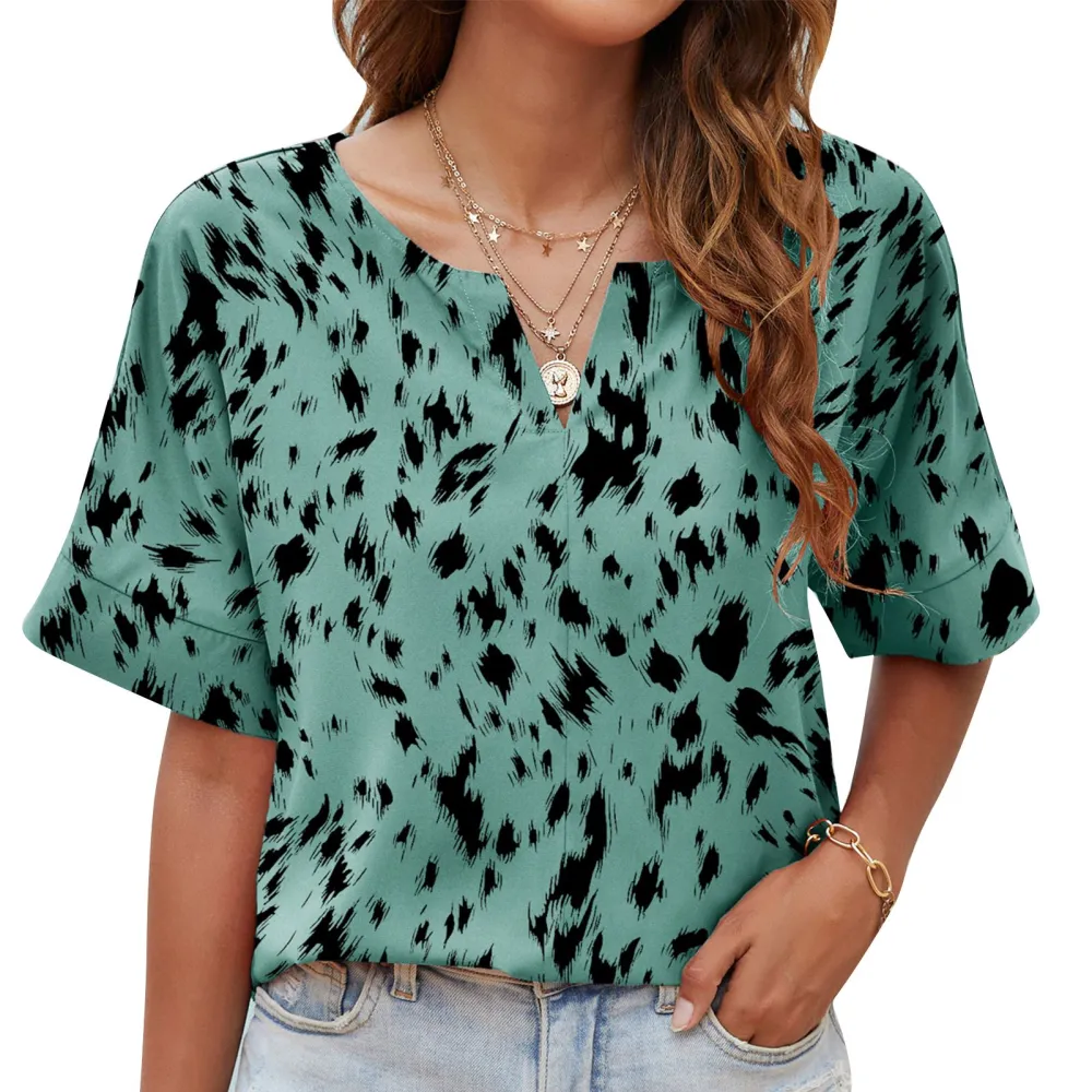 V Neckline Printed Blouse Short Sleeve Breathable Loose V Neck Printed Blouse for Daily Life Green XXL