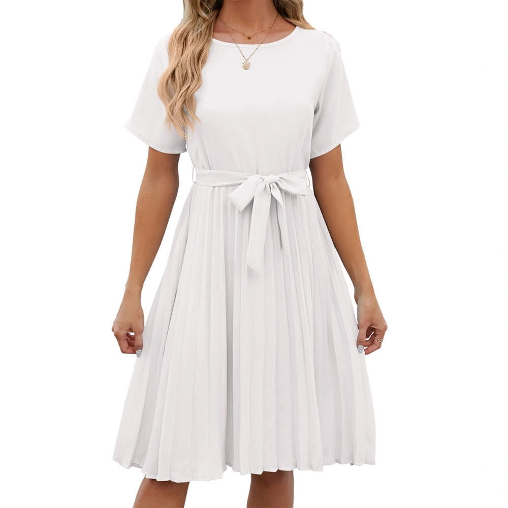 Short Sleeve Pleated Dress Plain Color Casual Fitted Round Neck Tie Waist Pleated Short Dress for Women White XL