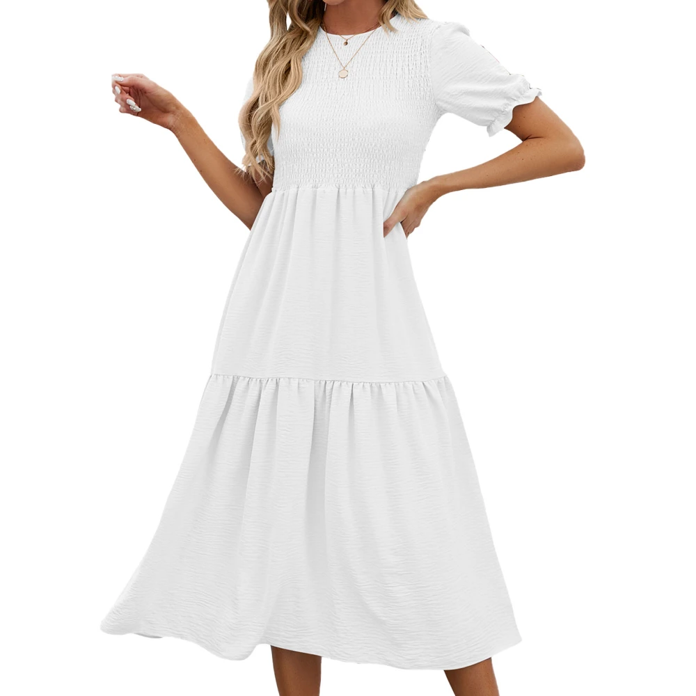 Short Sleeve Shirred Dress Plain Color Stitching Round Neck Shirred Dress for Women Daily Life White S