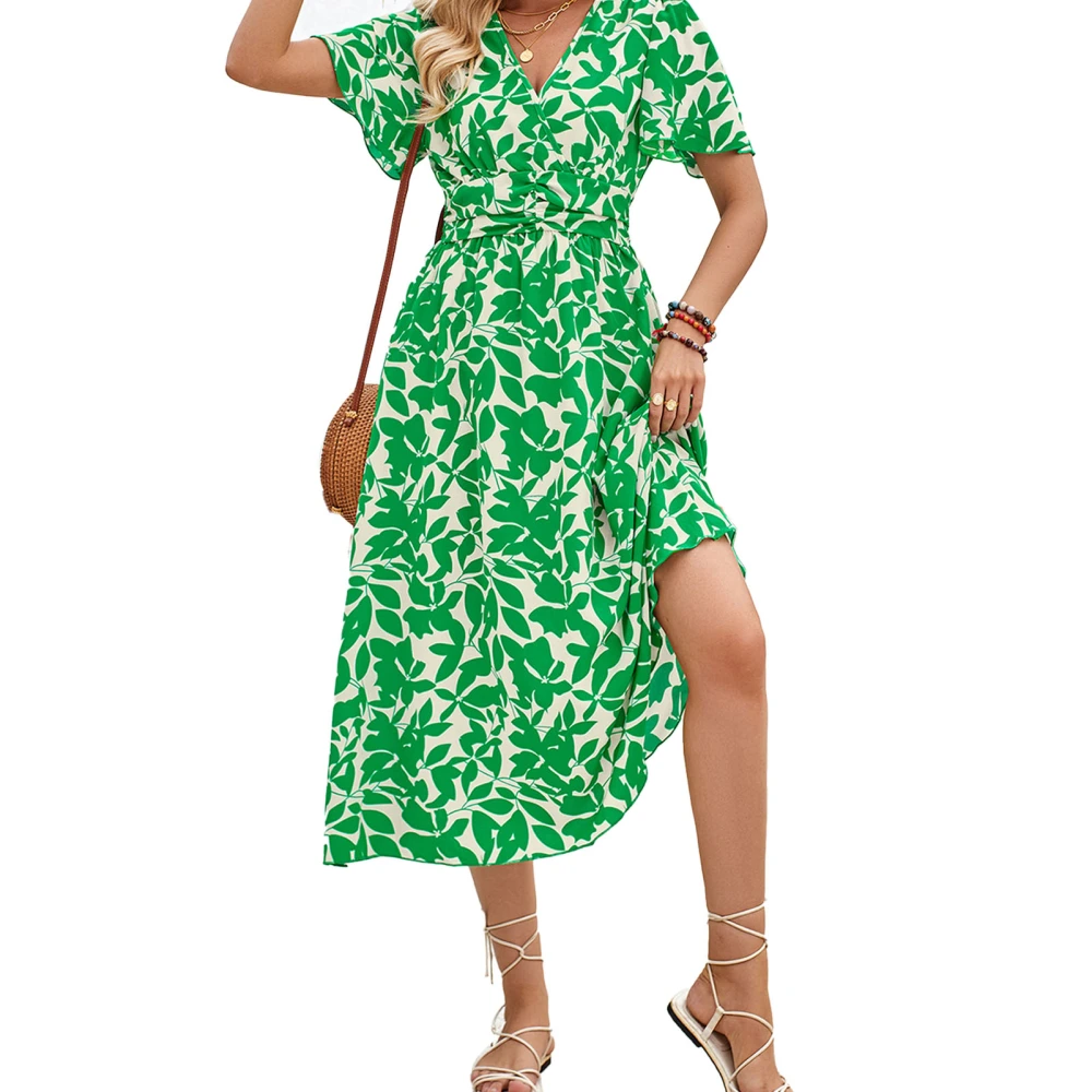 Women V Neck Floral Print Long Dress Short Sleeve Slim Waist Elegant Flowy Summer Maxi Dress Green S