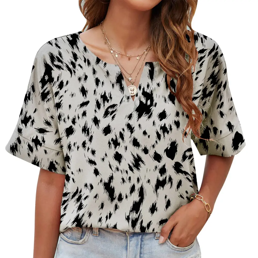 V Neckline Printed Blouse Short Sleeve Breathable Loose V Neck Printed Blouse for Daily Life White apricot L