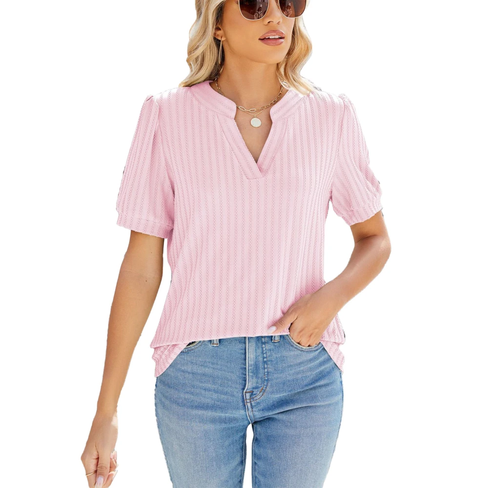 Short Sleeve Ribbed Blouse Puff Sleeve Pure Color Casual Fitted V Neckline Ribbed Blouse for Summer Pink XXL