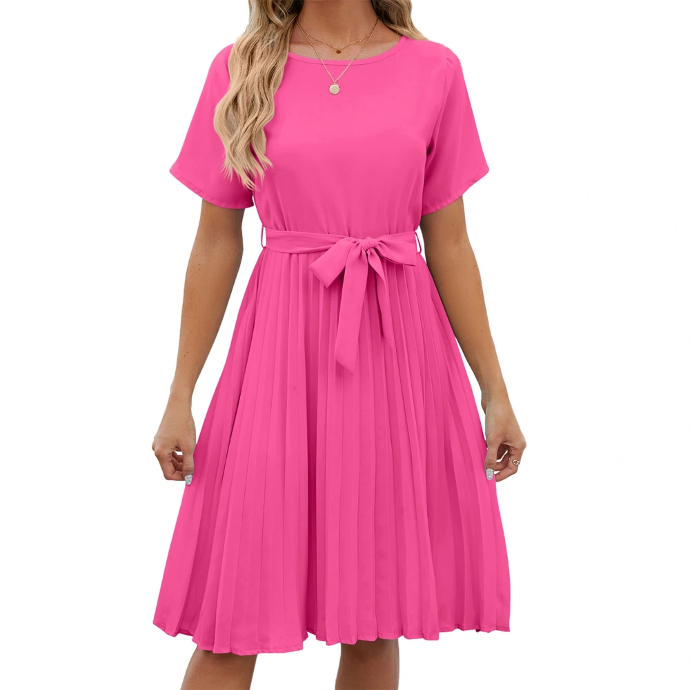 Short Sleeve Pleated Dress Plain Color Casual Fitted Round Neck Tie Waist Pleated Short Dress for Women Rose Red M