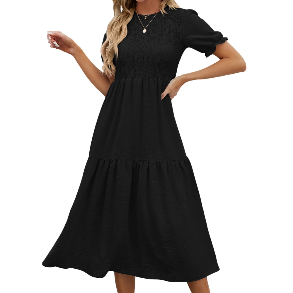 Short Sleeve Shirred Dress Plain Color Stitching Round Neck Shirred Dress for Women Daily Life Black XL