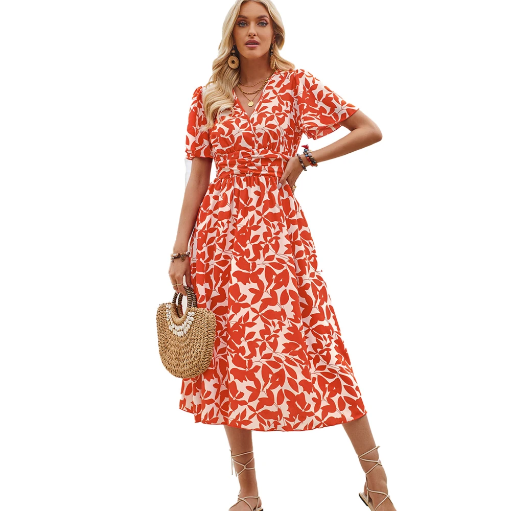 Women V Neck Floral Print Long Dress Short Sleeve Slim Waist Elegant Flowy Summer Maxi Dress Orange XL