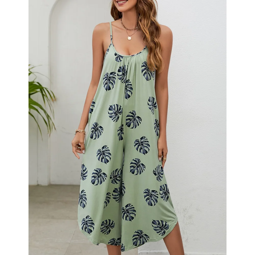 Women Spaghetti Strap Loose Jumpsuit Ankle Length Floral Printed Wide Leg U Neck Sleeveless Overalls Green M