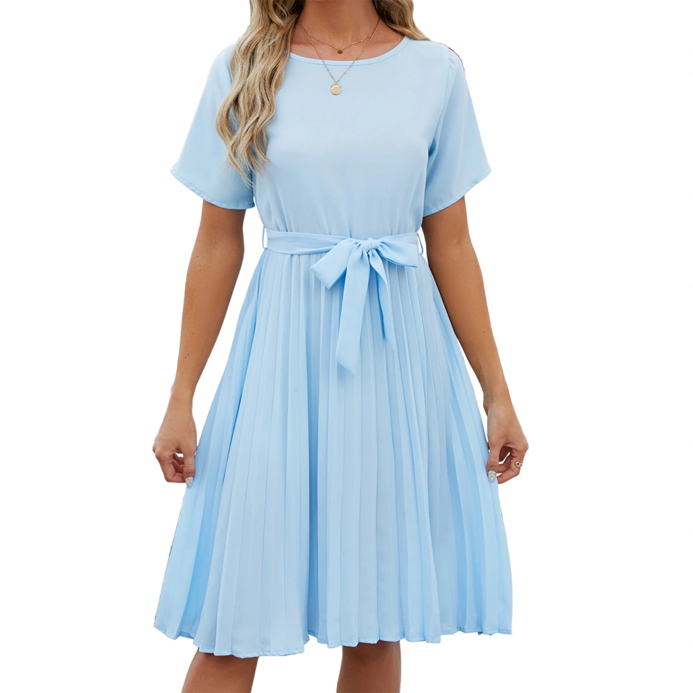 Short Sleeve Pleated Dress Plain Color Casual Fitted Round Neck Tie Waist Pleated Short Dress for Women Sky Blue XXL