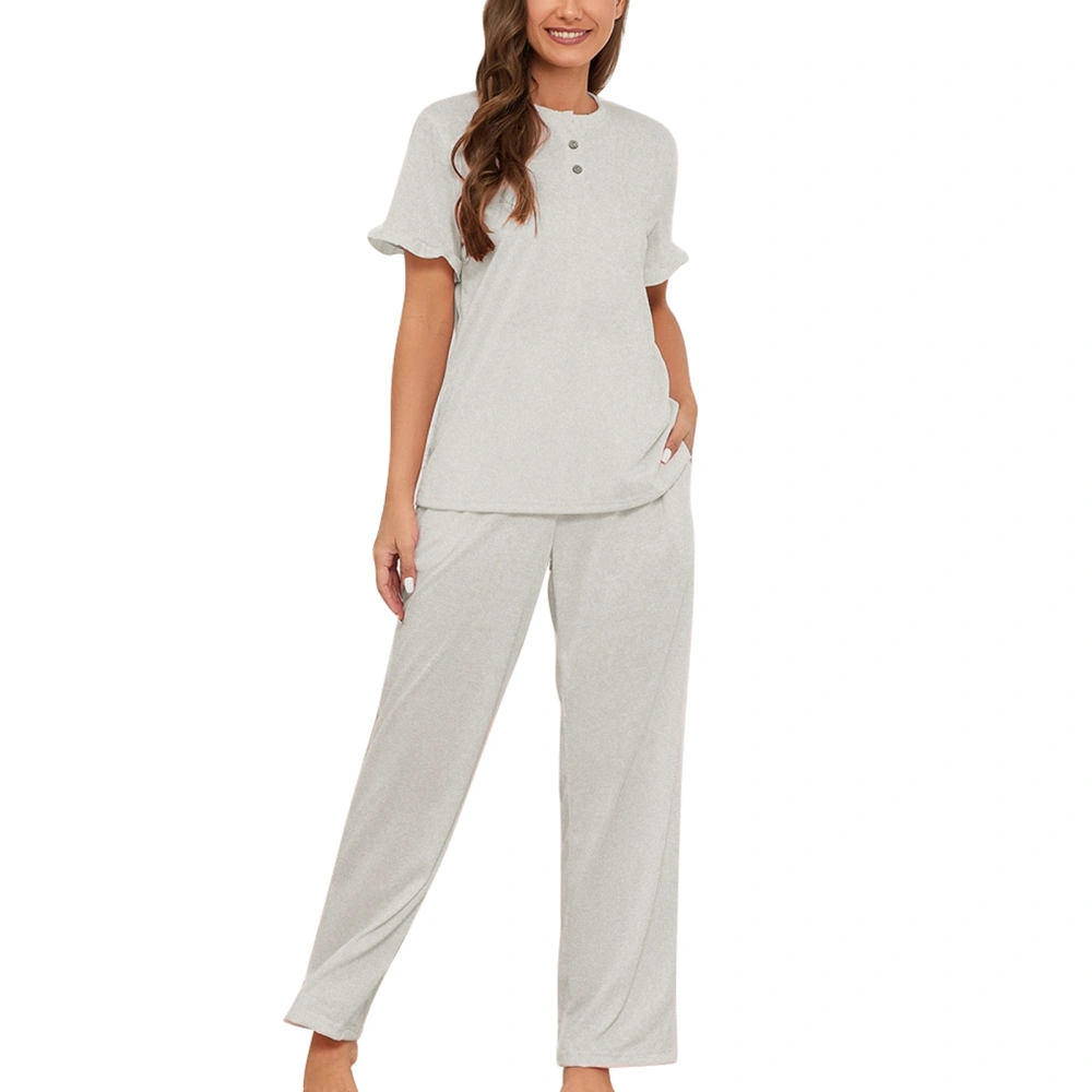 Women Pajama Set Round Neck Short Sleeves Top with Drawstring Pants Two Piece Sleepwear Home Lounge Set Gray XXL