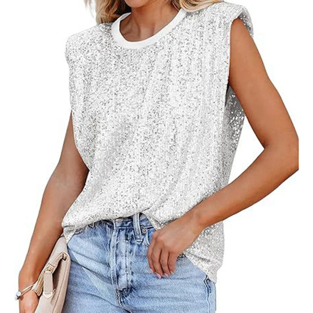 Glitter Blouse Crew Neck Shoulder Padded Sleeveless Loose Stylish Women Top for Party Street White XL