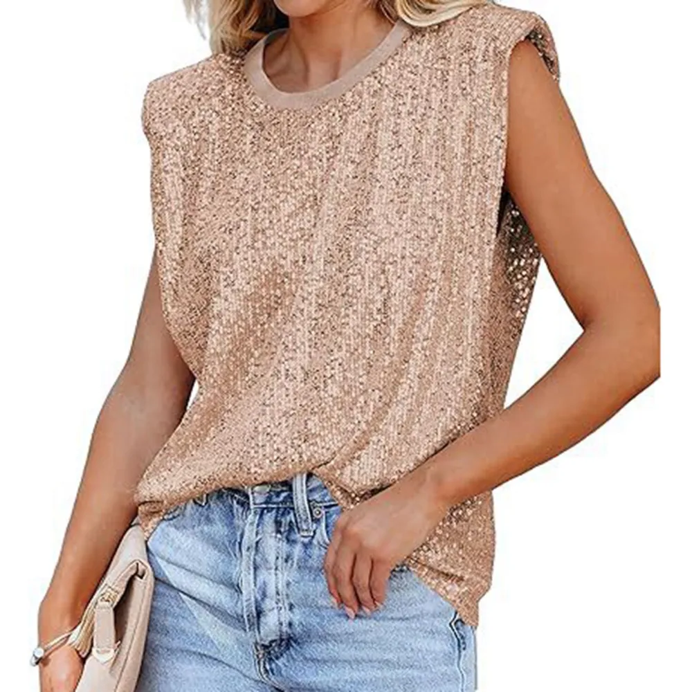 Glitter Blouse Crew Neck Shoulder Padded Sleeveless Loose Stylish Women Top for Party Street Champagne XXL